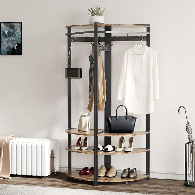 Coat Rack Freestanding with 6 Double Hooks, Shoe Bench & Storage Shelf - Freestanding Hall Tree Organizer for Entryway, Bedroom, Living Room, Space-Saving,Retro color