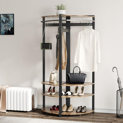 Coat Rack Freestanding with 6 Double Hooks, Shoe Bench & Storage Shelf - Freestanding Hall Tree Organizer for Entryway, Bedroom, Living Room, Space-Saving,Retro color