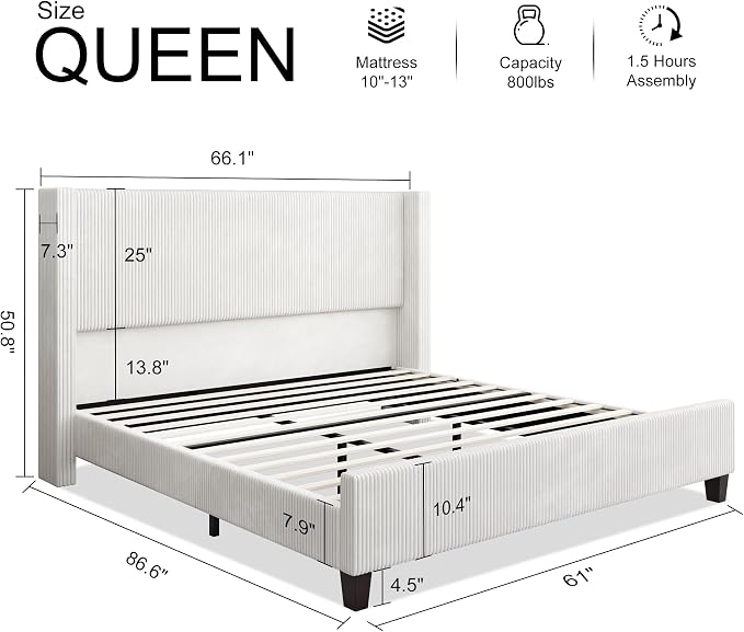 HOWE Queen Size Bed Frame with 50.8 Inch Corduroy Wingback Headboard, White | Modern Upholstered Platform Bed, Solid Wood Slats, No Box Spring Needed, Noise-Reducing Design