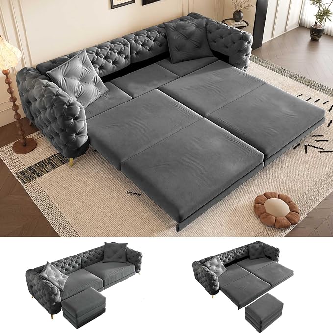 97.7'' Pull Out Sofa Bed King, Chesterfield Velvet Sleeper Sofa, Convertible L-Shaped Futon Couch, Tufted Back, Ottoman, Deep Seat Loveseat Couches for Living Room, Apartment, Dark Gray