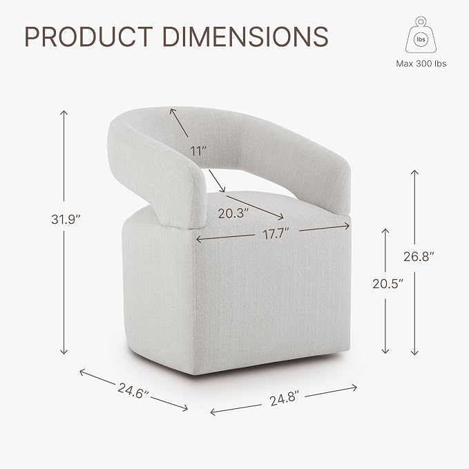 KISLOT Upholstered Dining Chairs Set of 1, Modern Rolling Dining Chairs with Hidden Casters, Arm Kitchen Chairs with Linen Look Fabric, Padded Barrel Chairs for Dining Room, Kitchen, Bedroom, Linen