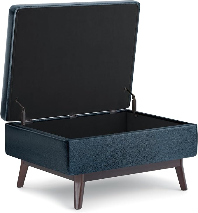 SIMPLIHOME Owen Coffee Table Storage Ottoman - 34" Wide x 19" High Upholstered Vegan Leather Rectangular Lift-Top Ottoman in Distressed Dark Blue, Mid-Century Modern Bench with Tapered Legs