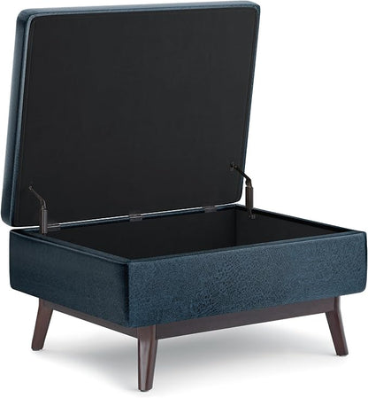 SIMPLIHOME Owen Coffee Table Storage Ottoman - 34" Wide x 19" High Upholstered Vegan Leather Rectangular Lift-Top Ottoman in Distressed Dark Blue, Mid-Century Modern Bench with Tapered Legs