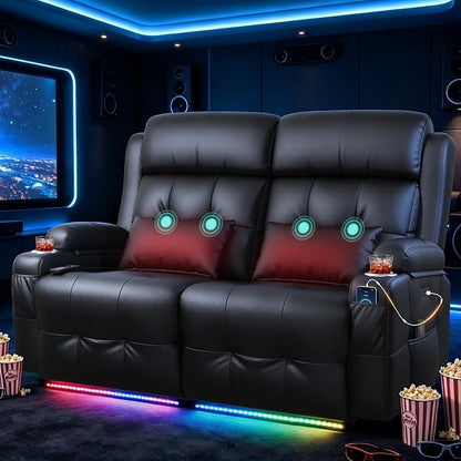 Power Reclining Loveseat with Massage & Heat,Wall Hugger Loveseat Recliner with LED Lights,USB & Type-C Ports, Ideal for RV, Home Theater and Living Room,Black,2 Seats