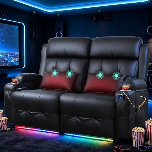 Power Reclining Loveseat with Massage & Heat,Wall Hugger Loveseat Recliner with LED Lights,USB & Type-C Ports, Ideal for RV, Home Theater and Living Room,Black,2 Seats