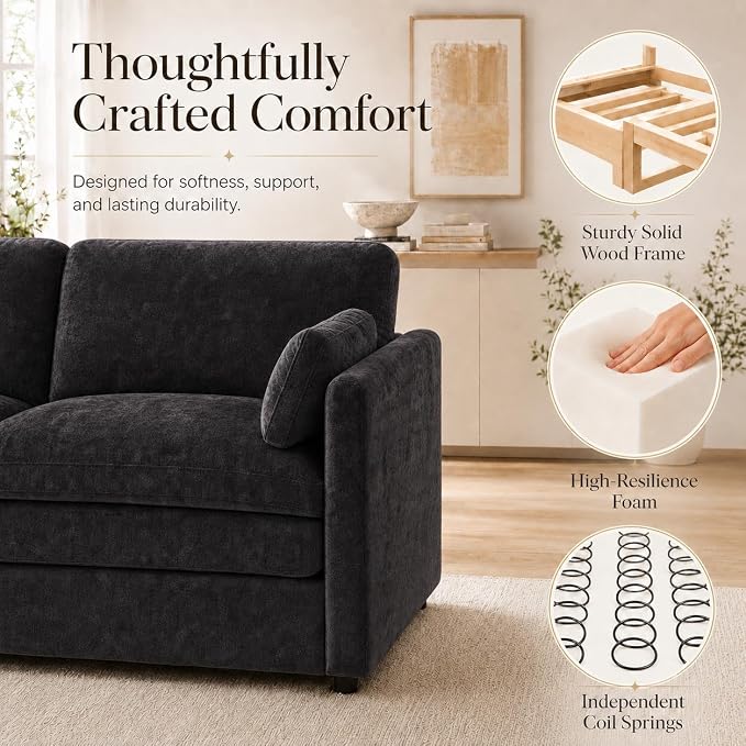 Esright Apartment Cloud Couch, 89-Inch 3-Seat Chenille Sofa, Black | Skin-Friendly Fabric, Deep 22" Seat, 2×6.3" Plush Back Pillows, Wood Frame, 800-Lb Support for Studios and Living Rooms