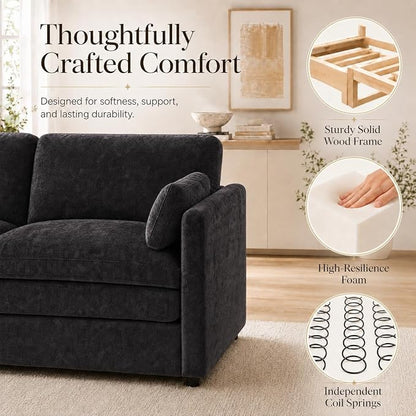 Esright Apartment Cloud Couch, 89-Inch 3-Seat Chenille Sofa, Black | Skin-Friendly Fabric, Deep 22" Seat, 2×6.3" Plush Back Pillows, Wood Frame, 800-Lb Support for Studios and Living Rooms