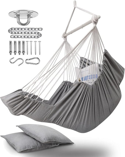 ADVOKAIR Hanging Hammock Chair Large Swing Chair with Foot Rest and Hardware,Max 500lbs,Steel Spread Bar with Anti Slips, 2 Cushions and Side Pocket,Indoor/Outdoor Use…