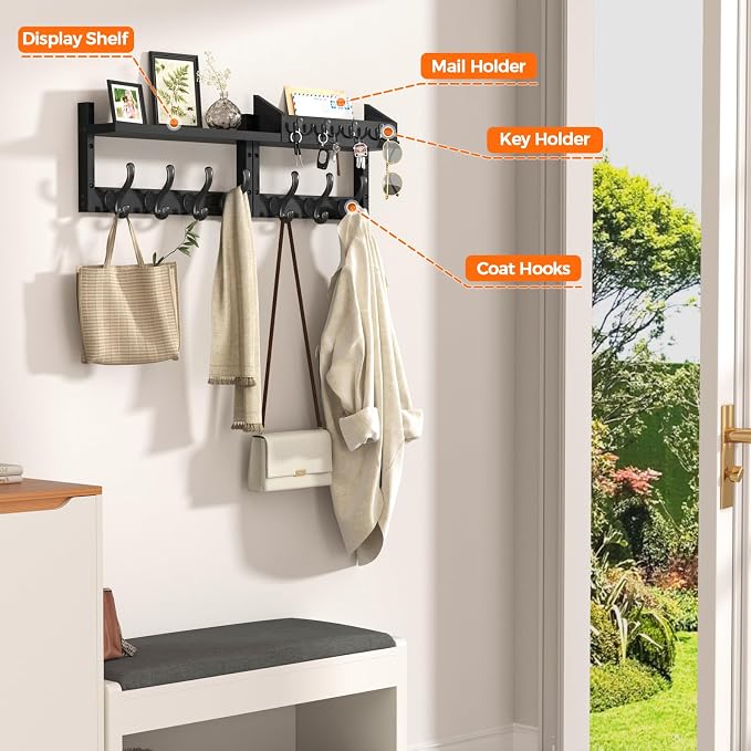 Evermagin 29" Coat Rack Wall Mount with Shelf, 4 in 1 Wall Mounted Coat and Key Hanger with 11 Hooks, Entryway Key Holder with Mail Holder for Living Room, Bedroom, Black