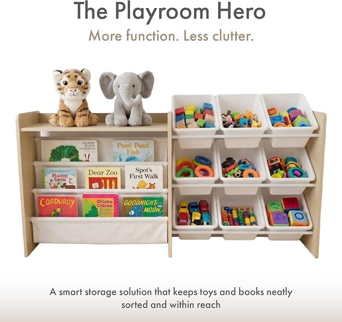 Humble Crew Toy Storage Organizer with Book Shelf and Top Shelf, 9 Removable Storage Bins for Kids Playroom, Toy Organization, Solid Wood, Natural/White