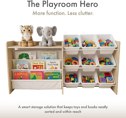 Humble Crew Toy Storage Organizer with Book Shelf and Top Shelf, 9 Removable Storage Bins for Kids Playroom, Toy Organization, Solid Wood, Natural/White