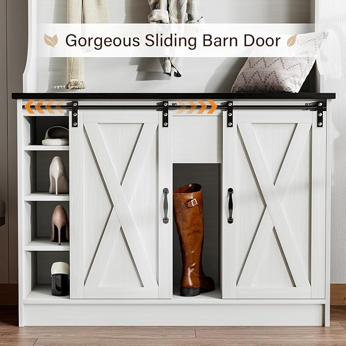 4ever2buy Farmhouse Hall Tree with Bench 5-in-1 Entryway Bench with Coat Rack with Sliding Barn Doors Entryway Coat Rack with Shoe Storage