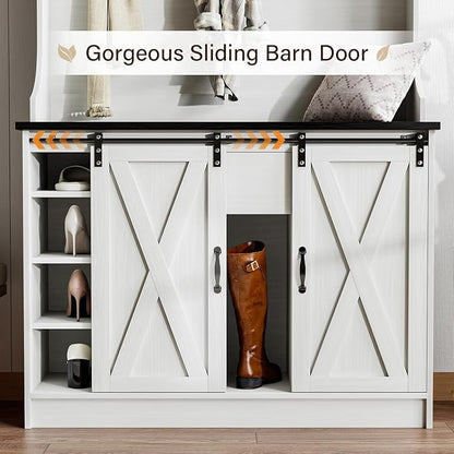 4ever2buy Farmhouse Hall Tree with Bench 5-in-1 Entryway Bench with Coat Rack with Sliding Barn Doors Entryway Coat Rack with Shoe Storage
