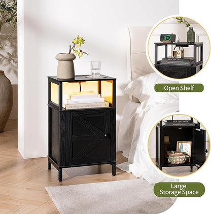 Yoobure Farmhouse NightStand with Charging Station，Wood Night Stand End with USB Ports, LED Bed Side Table with Storage Cabinet，Bedside Table for Bedroom, Living Room Black