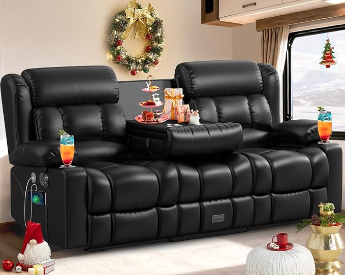 RV Loveseat Recliner Sofa, 3 Seater Reclining Sofa with Flip Back Console, Modern Reclining Couch with USB Ports, Cup Holders, Insert Pockets, RV Recliners for Travel Trailers & Living Room