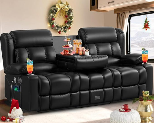 RV Loveseat Recliner Sofa, 3 Seater Reclining Sofa with Flip Back Console, Modern Reclining Couch with USB Ports, Cup Holders, Insert Pockets, RV Recliners for Travel Trailers & Living Room