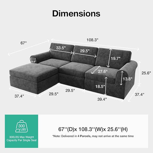 Novilla 108" Modular Sectional Sofa, Modular Sectional Couches for Living Room Bedroom, Chenille Removable Cover Cloud Couch with Smarts Coil® Support L-Shaped Couch(Dark Grey, 3 Seater + 1 Ottoman)