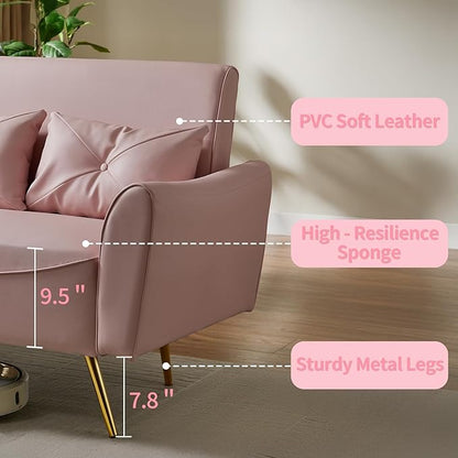Brelice 47" Faux Leather Loveseat Sofa, Modern Small Couch for Small Space with 2 Pillows, 2 Seater Couch for Living Room, Bedroom, Office, Apartment (Pink)