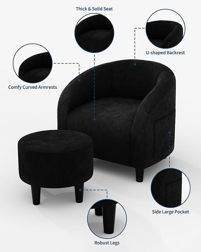 GarveeHome Accent Chair with Ottoman, Velvet Side Chairs for Living Room, Modern Armchair for Bedroom, Round Club Chair for Small Space, Black