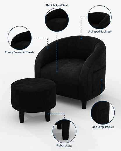 GarveeHome Accent Chair with Ottoman, Velvet Side Chairs for Living Room, Modern Armchair for Bedroom, Round Club Chair for Small Space, Black