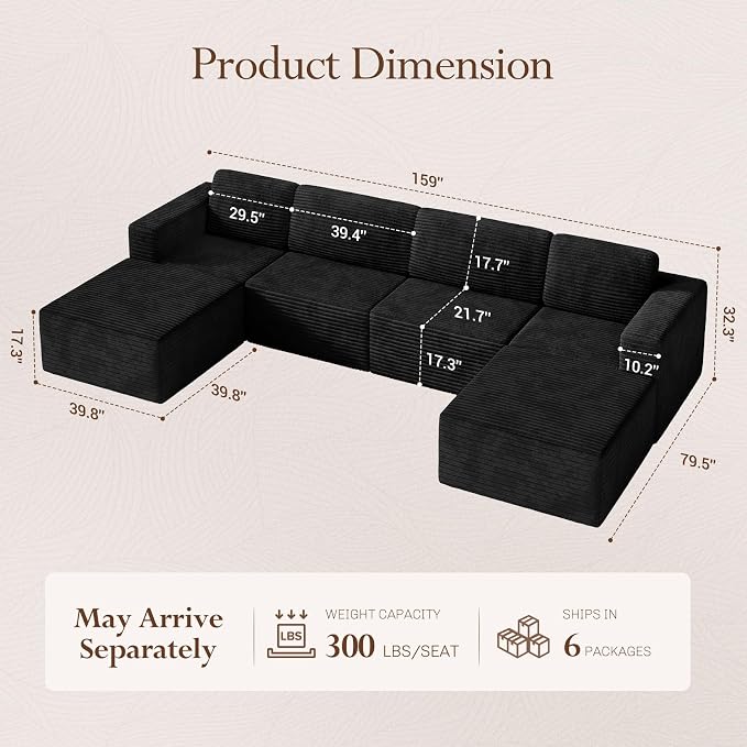 Vesgantti 159" Large Modular Sectional Sofa, U-Shaped Corduroy Cloud Couch with Deep Seats & Spring Support, 4-Seater Boneless Sofa with 2 Movable Ottomans, No Assembly Needed, Black
