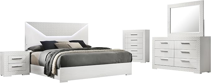 Coaster Home Furnishings Ives Contemporary 5-Piece Bedroom Set Queen Size LED Panel Bed Frame 57-inch Headboard White High Gloss 224941Q-S5