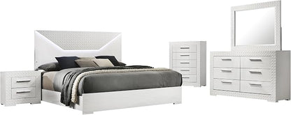 Coaster Home Furnishings Ives Contemporary 5-Piece Bedroom Set Queen Size LED Panel Bed Frame 57-inch Headboard White High Gloss 224941Q-S5
