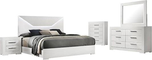 Coaster Home Furnishings Ives Contemporary 5-Piece Bedroom Set Queen Size LED Panel Bed Frame 57-inch Headboard White High Gloss 224941Q-S5