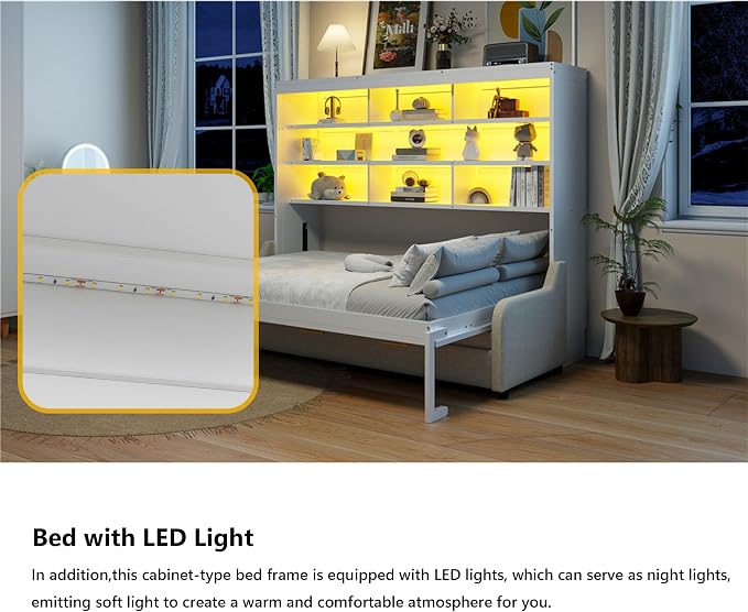 Queen Horizontal Murphy Bed with Sofa and Storage Shelves,LED Light,Solid Wood Space Saving Hideaway Murphy Wall Bed with Couch and Storage for Adults (Beige,Queen)