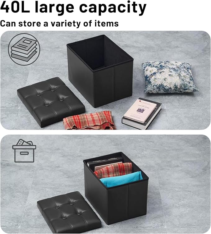 Bsketa Storage Ottoman Foot Rest Stool, Small Leather Storage Ottomans Bench, Folding Footstool with Side Pockets, Foot Rest Under Desk for Living Room Bedroom, 16x12x12 in, Black 2 Pack