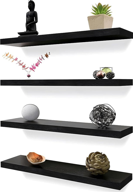 YYWUOJJ Wood Floating Shelves for Wall Decor, Rustic Wall Shelves for Bedroom Bathroom Kitchen Living Room, Set of 4 Black 24 Inch