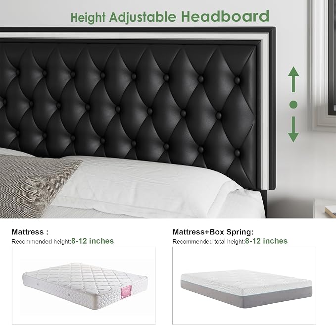 Keyluv Queen Size LED Bed Frame with 4 Storage Drawers and Adjustable Headboard, PU Leather Upholstered Button Tufted Modern Platform Bed, Solid Wooden Slats Support, Easy Assembly, Black