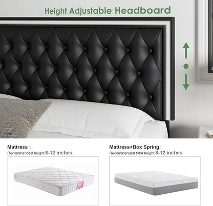 Keyluv Queen Size LED Bed Frame with 4 Storage Drawers and Adjustable Headboard, PU Leather Upholstered Button Tufted Modern Platform Bed, Solid Wooden Slats Support, Easy Assembly, Black