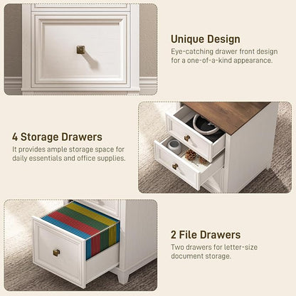 Vabches Farmhouse L Shaped Executive Desk with 6 Drawers, 59’’ Wood Home Office Desk with File Cabinet, Writing Corner Computer Desk for Home Office, Work, Study, White and Brown