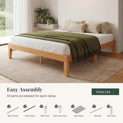 Sweetcrispy Full Size Bed Frame 12 inch Heavy Duty Platform Bedframe, 1000 lbs Capacity, Underbed Storage, No Box Spring Needed, Wooden Slats, Easy Assembly with Velcro, Honey Finish