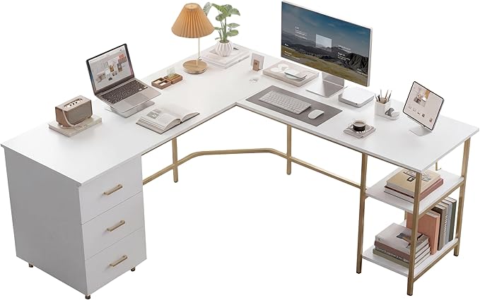 Techni Mobili L Shaped Desk - Two-Toned Computer Desk with Drawers & Storage Shelves - Simple Modern Furniture & Home Office Space Corner Table for Work & Writing | 59" two‑tone L‑shaped desk with storage shelves, durable frame, modern corner workstati...