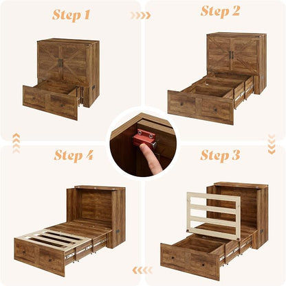 AMERLIFE Twin Murphy Bed Cabinet with Charging Station and Storage Drawer, Farmhouse Foldable Platform Bed for Home Office, Apartment, Small Spaces, Barnwood