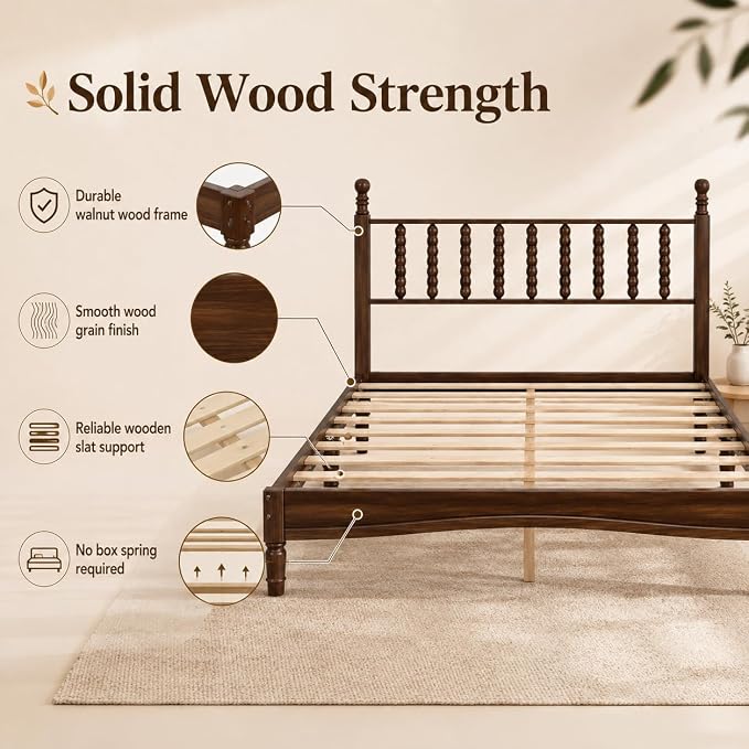 Walnut 3 Pieces Full Bedroom Set, Vintage Platform Bed Frame Full Size with 2 Nightstand, Wood Traditional Bedframe with Spindle Headboard, No Box Spring Required (Walnut, Full)