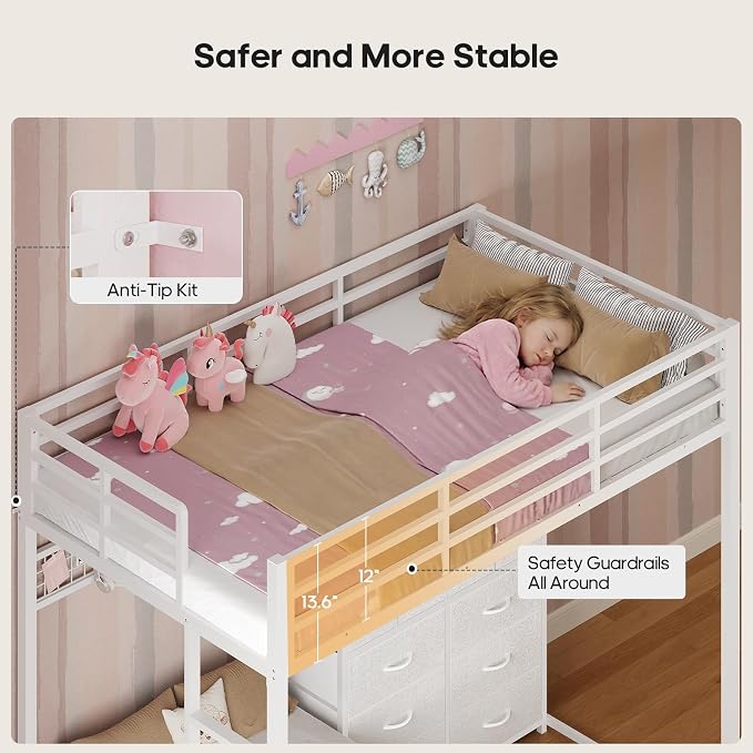BTHFST Bunk Bed Twin Over Twin with 14 Storage Drawers & Bookshelf, Twin Bunk Beds with RGB LED Lights & Metal Grid Panel, Metal Bunk Beds for Kids with Safety Guardrails & Ladder, White