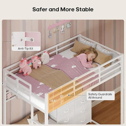 BTHFST Bunk Bed Twin Over Twin with 14 Storage Drawers & Bookshelf, Twin Bunk Beds with RGB LED Lights & Metal Grid Panel, Metal Bunk Beds for Kids with Safety Guardrails & Ladder, White