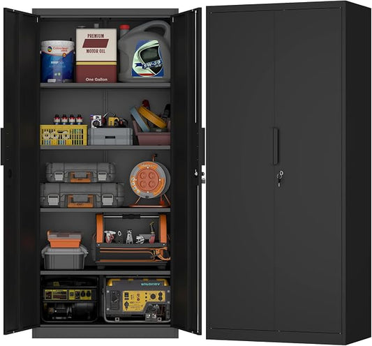 71" H Locking Cabinets, 16.5'' Deep Metal Garage Storage Cabinet with Doors and Shelves, Balck Cabinets for Garage, Kitchen, Office