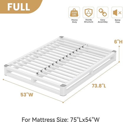 6 Inch Full Size Bed Frame with Rounded Corner and Squeak Free U-Slot Design, Metal Platform Bed Frames 6 Non-Slip Guards, 3500lbs Heavy Duty Steel Slat Support, No Box Spring Needed, White