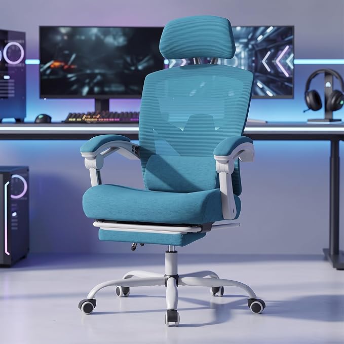 DUMOS Home Office Desk Chair with Footrest, High-Back Mesh Rolling Swivel Reclining Chairs with Wheels, Comfortable Headrest, Lumbar Support, Comfy Arms for Home, Office, Gaming, Student, Elegant Blue