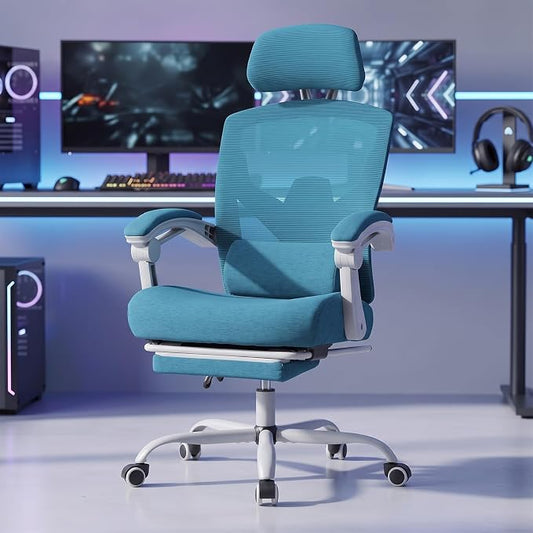 DUMOS Home Office Desk Chair with Footrest, High-Back Mesh Rolling Swivel Reclining Chairs with Wheels, Comfortable Headrest, Lumbar Support, Comfy Arms for Home, Office, Gaming, Student, Elegant Blue