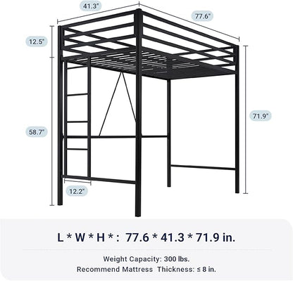 Allewie Metal Loft Bed Twin Size with Guardrail and Ladder,Black | Small Space Saving Design for Bedroom Kid Room and Dorm, No Box Spring Needed