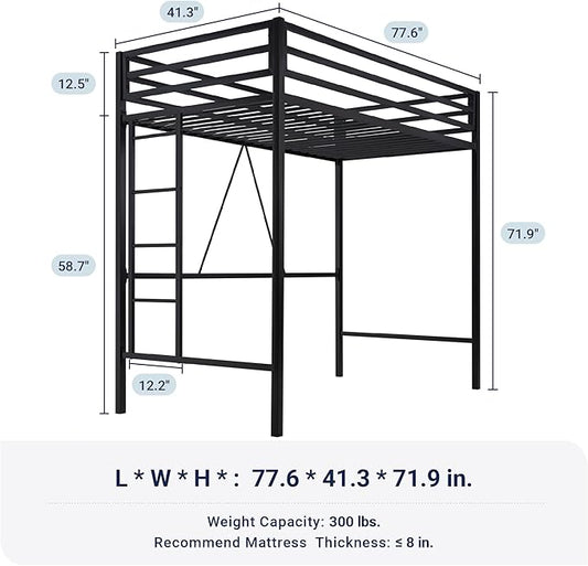 Allewie Metal Loft Bed Twin Size with Guardrail and Ladder,Black | Small Space Saving Design for Bedroom Kid Room and Dorm, No Box Spring Needed