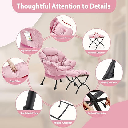 Youtanic Lazy Chair with Folding Ottoman, Accent Chair Velvet Upholstered with Metal Structure and Non-Slip Pads, Sofa Armchair with Footrest and Side Storage Bag for Dorm, Room, Office, Pink