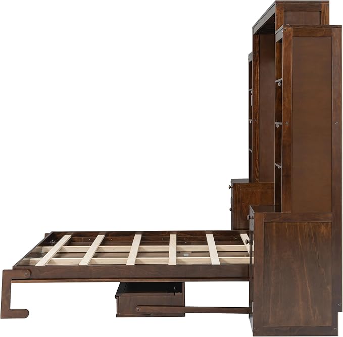 Merax Queen Size Murphy Bed with Desk and LED Lights, Power Outlet, Foldable Murphy Cabinet Bed with Open Storage Shelves & Drawers, Wood Space-Saving Hidden Wall Bed for Guest Room, Dark-Brown