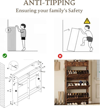 BORNOON Shoe Storage Cabinet for Entryway, Farmhouse Narrow Shoe Cabinet with 3 Flip Drawers & 2 Top Drawers, Adjustable Shelves & Hooks, Freestanding Hidden Rack Organizer for Hallway, Foyer