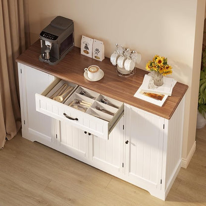 Gizoon 56" Kitchen Coffee Bar Cabinet with Storage Kitchen Sideboard Buffet Cabinet with Drawers, Short Pantry with Door and Shelves for Bathroom and Living Room, Painted White and Rustic